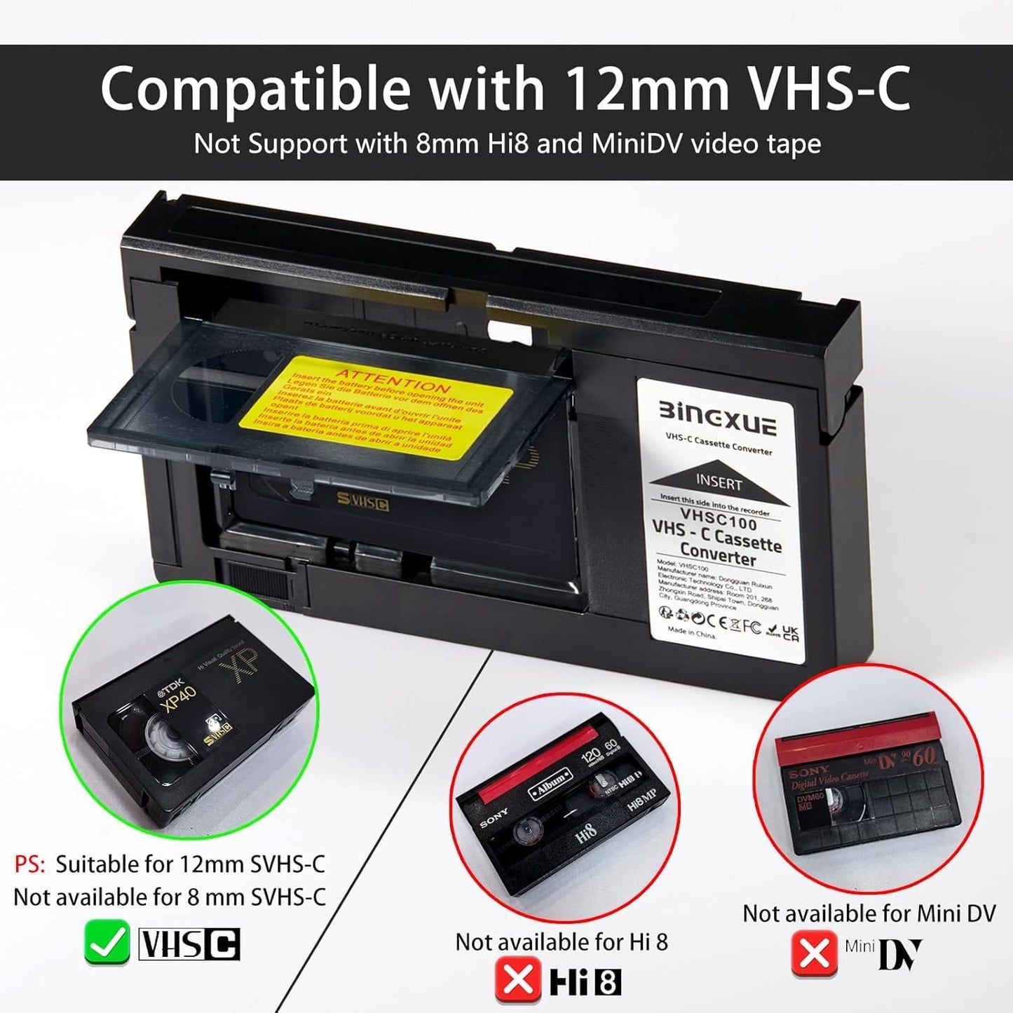 Bingxue Cassette 3 8mm/MiniDV/Hi8 VHS-C to VHS Adapter for SVHS Camcorders RCA + VCC Micro-Fiber Cloth NOT Compatible