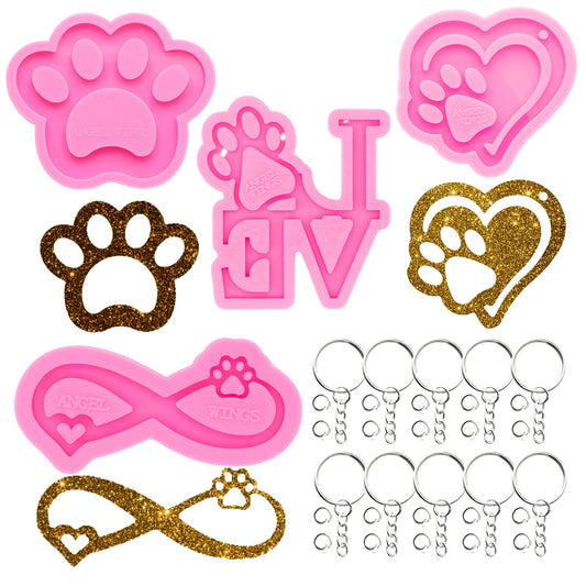 34Pcs Epoxy Resin Molds Kit, Love Ribbon Heart with Paw Print Silicone Molds for Resin Epoxy Casting Mold with Hole, 4Pcs Silicone Molds with Keychain and Jump Ring for DIY Keychain Pendant or Pet Tag