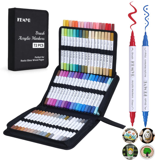 KEMYR 72 Colors Brush & Fine Tip Acrylic Paint Pens, Dual Tip Acrylic Paint Markers for Paper, Wood, Canvas, Stone, Rock, Glass, Fabric, DIY, Ceramic, Art Supplies for Adults Drawing