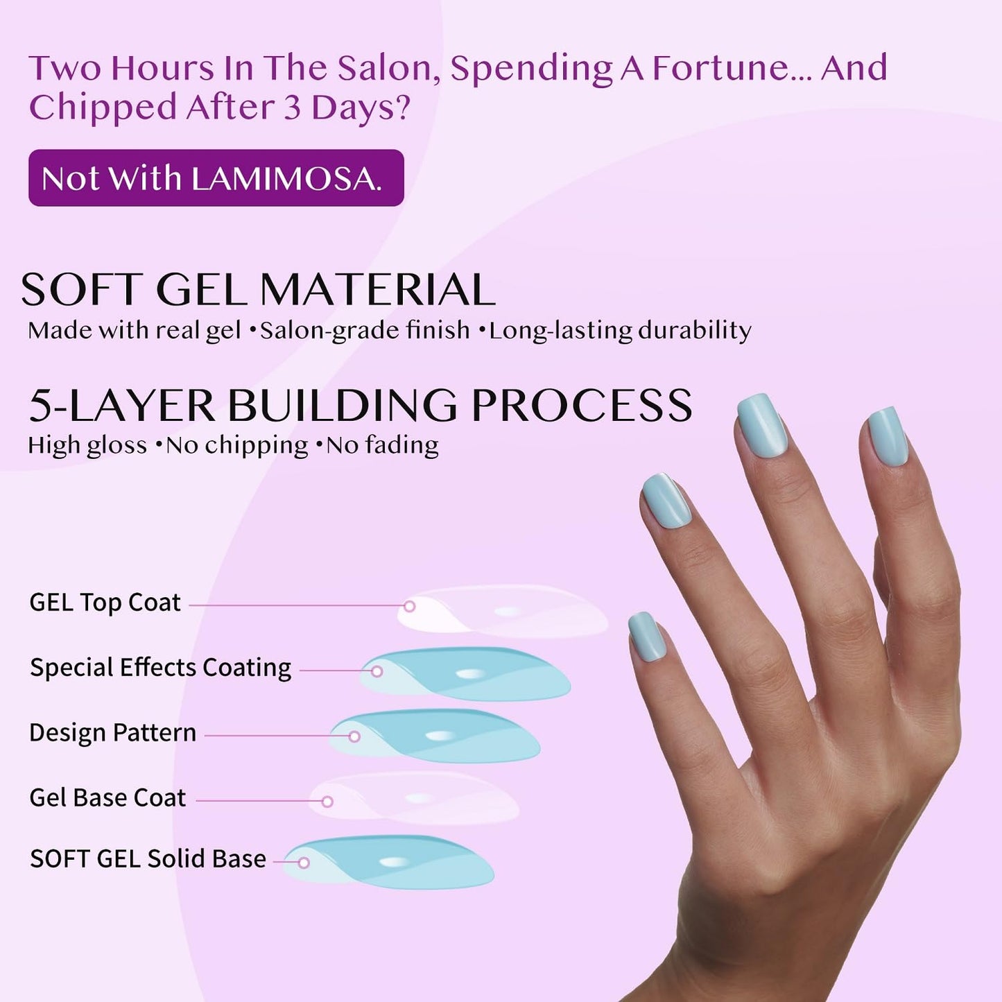 LAMIMOSA 32Pcs Chrome Press On Nails Short Almond - Soft Gel Fake Nails in 16 Sizes, Reusable Glue on Nails with Shimmery Effect, GLAZED DREAM