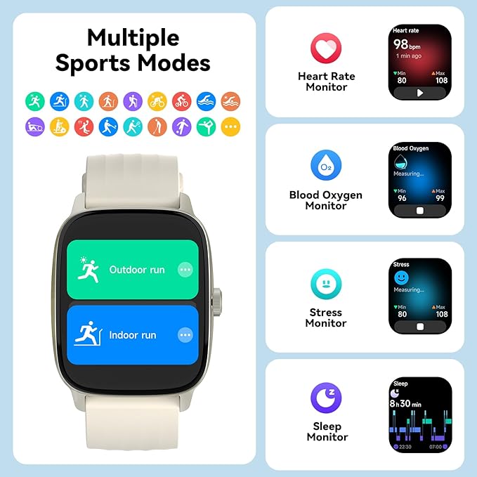 EURANS Smart Watch No App/Phone Required, 1.85" Ultra HD Display | Waterproof Fitness Tracker | 24/7 Heart Rate/Sleep Monitor | Step Counter for Walking, Pedometer & Activity Tracker for Women Men