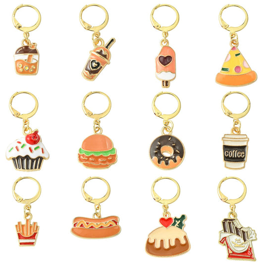 Stiesy 24 Pcs 12 Style Crochet Stitch Markers Enamel Imitation Food Charms Cute Yarn Stitch Markers Cup Cake Bread Coffee Shape Locking Stitch Markers Charms for Crocheting Quilting Jewelry Making