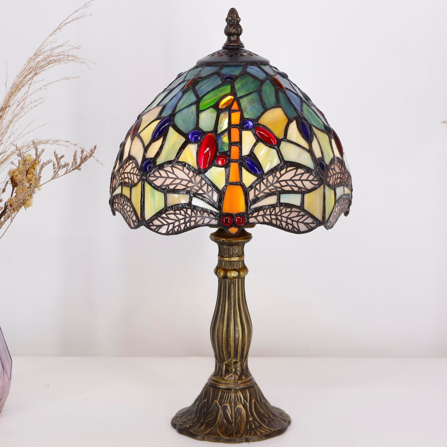 TCODTPOL Table Lamp Base Replacement Only, Wide 4 Height 15 Inch, Fit for 6, 8, 10 Inch Tiffany Style Stained Glass Lampshade, Dark Bronze Finish,Resin, Push Switch On Cord(B (W4H15 Inch))