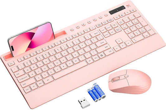 Trueque 2.4G Set Pink Keyboard and Mouse Wireless, Lag-Free Cute Keyboard Combo with Ergonomic Wrist Rest, Phone Holder