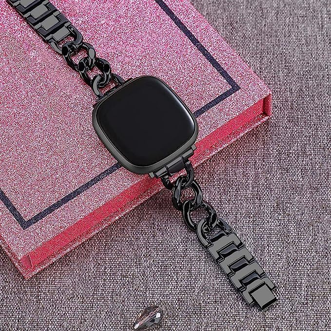 Cool Women Chain Metal Smartwatch Bands Compatible for Fitbit Sense/Fitbit Versa 3 Bands for Dressy Women, Metal Wristband Strap for Fitbit Sense 2/Versa 4 (Black)