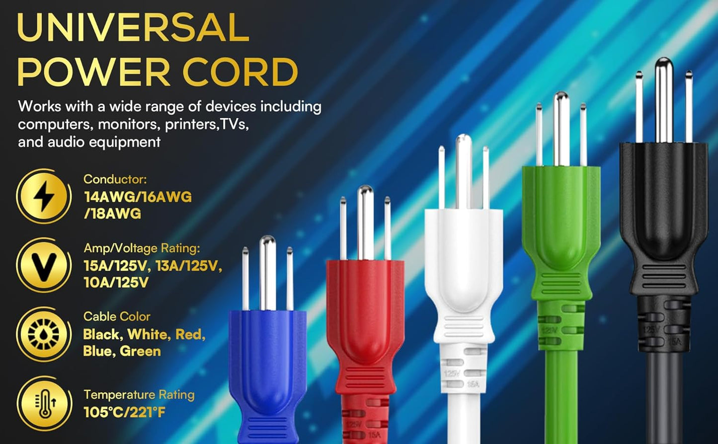 Cable Leader 10ft 18 IEC320 C13 5-15P, AWG Universal Power Cord to NEMA Extension Power Cord, Compatible