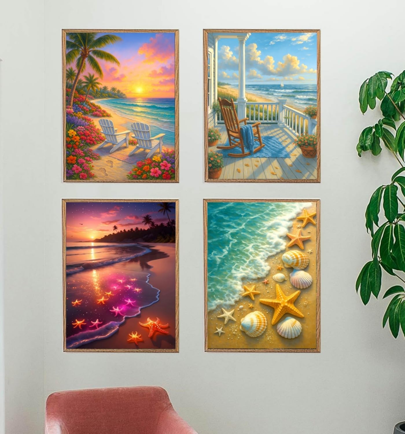Lovepefe Beach Diamond Art Painting Kits for Adults, 4 Pack Seaside Paint with Diamond Kit for Beginners DIY Full Drill Gem Art Home Wall Decor 12 X 16 Inch