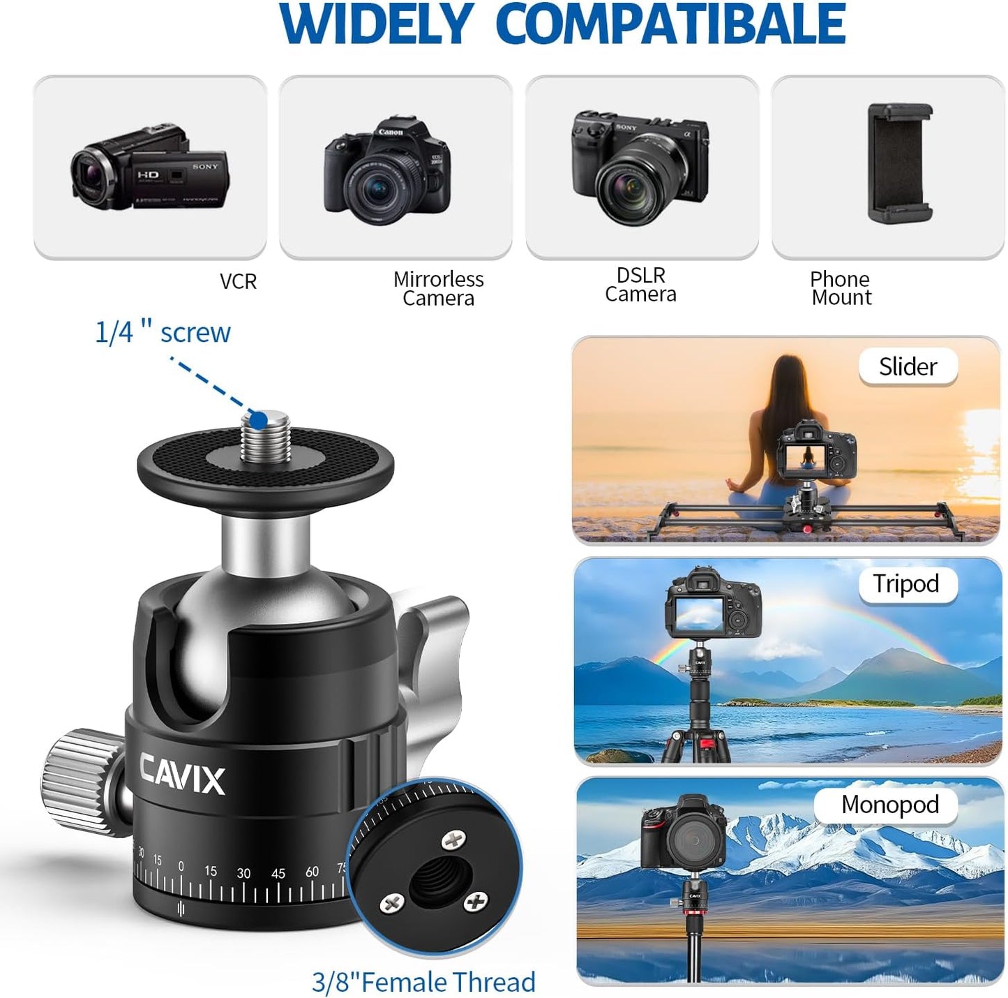 CAVIX 25mm 360 1/4" 11lb/5kg Small Ball Head Panoramic Tripod Head, Mini Ball Head with Quick Release Plate