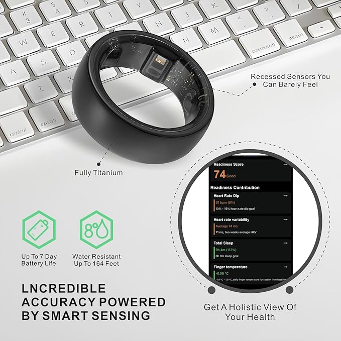Smart Ring, Activity Trackers, Sleep Ring, Fitness Tracking, Stress Tracker, Heart Rate, Meditation, Temperature, Respiratory, No App Subscription, Women, Men, iOS, Android (Black, 9)