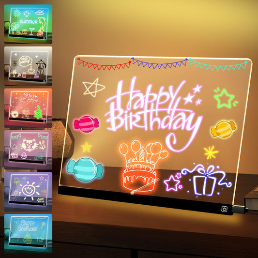 Exbelle 16“ LED Drawing Board for Kids 7 Colors Light Acrylic Dry Erase Board with Stand 2 Modes Led Note Board for Room/Store/Office Ideal Gift for Birthday Festival 7 Markers