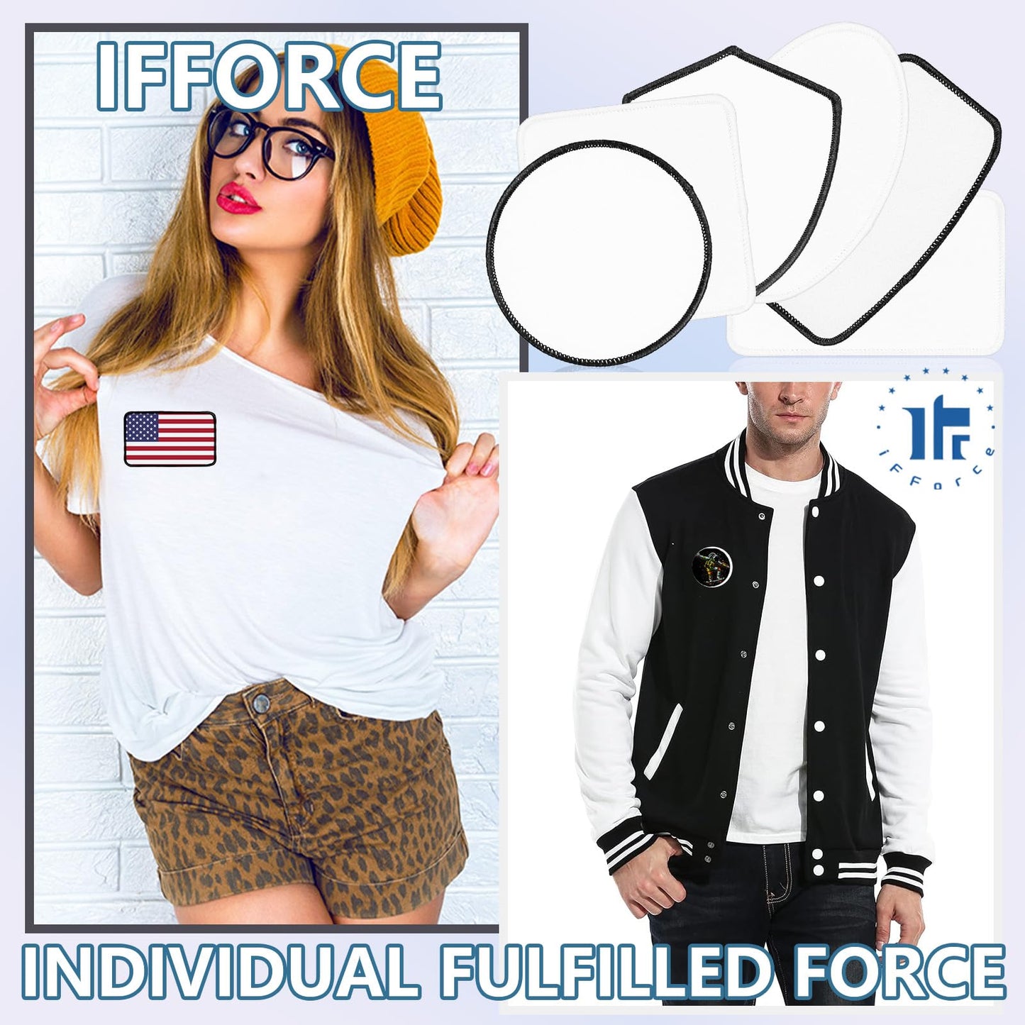 iFForce 60 PCs Sublimation Blanks Patches - 4 Shapes Large Iron-on Patch with Black Border - Exquisite Fabric Patches for DIY Hats Backpack T-Shirt Project (Mixed)