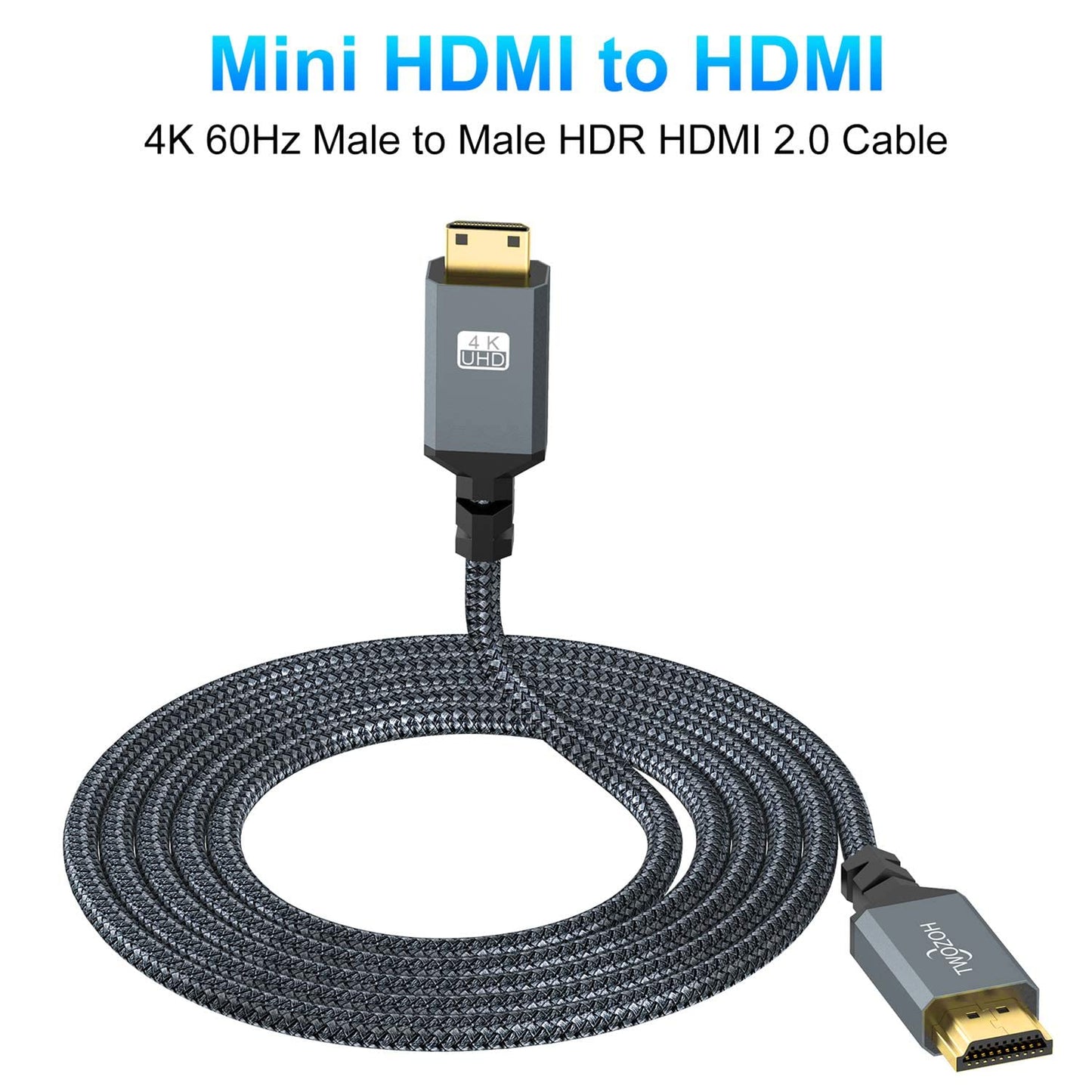 Twozoh 6.6FT 2 Pack, 3D/4K@60Hz 18Gbps/2160P/1080P Mini HDMI to HDMI Cable Nylon Braided HDMI to Mini HDMI Support