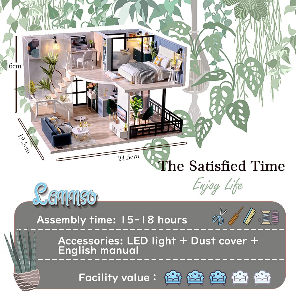 Lannso DIY Dollhouse Miniature Wooden Furniture Kit, Doll House Kit with Dust Proof Cover Music Box, Mini Handmade Wooden Dollhouse Toys for Adult Gift(L32)