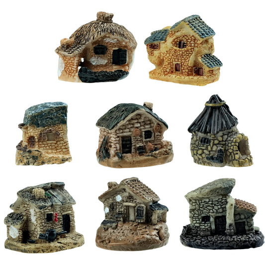 BLLREMIPSUR 8 PCS Mini House Figurines, Miniature Village Hut Figurine, Fairy Garden Cottage Ornaments Accessories for DIY Bonsai, Succulent Planting, Terrarium, Flower Pot Decor