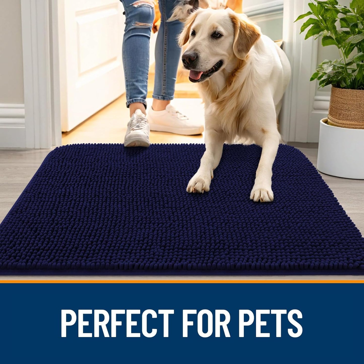 OLANLY Dog Door Mat - Absorbent Non-Slip Washable Chenille Mat for Muddy Paws | 54x32, Navy Blue