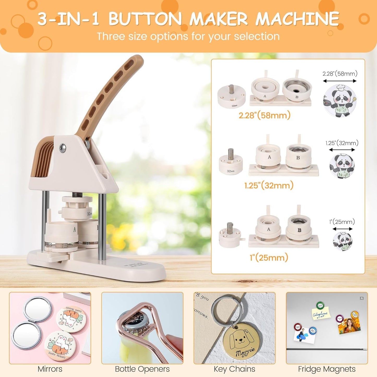 3-in-1 Button Maker Machine for 1/1.25/2.28 inch (25/32/58mm) Badges | Ergonomic Arc Handle Press Kit with 300pcs Button Parts | Includes Circle Cutter & Guidebook for DIY Crafts and Gifts