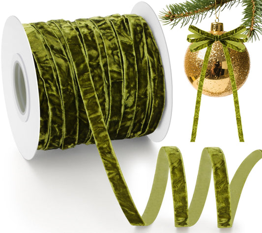 Chuangdi Moss Green Velvet Ribbon 3/8" x 40 Yards Moss Green Crushed Velvet Ribbon with Wooden Spool Vintage DIY Christmas Ornaments for Wrapping Wreath Bow Xmas Tree Decoration Gift