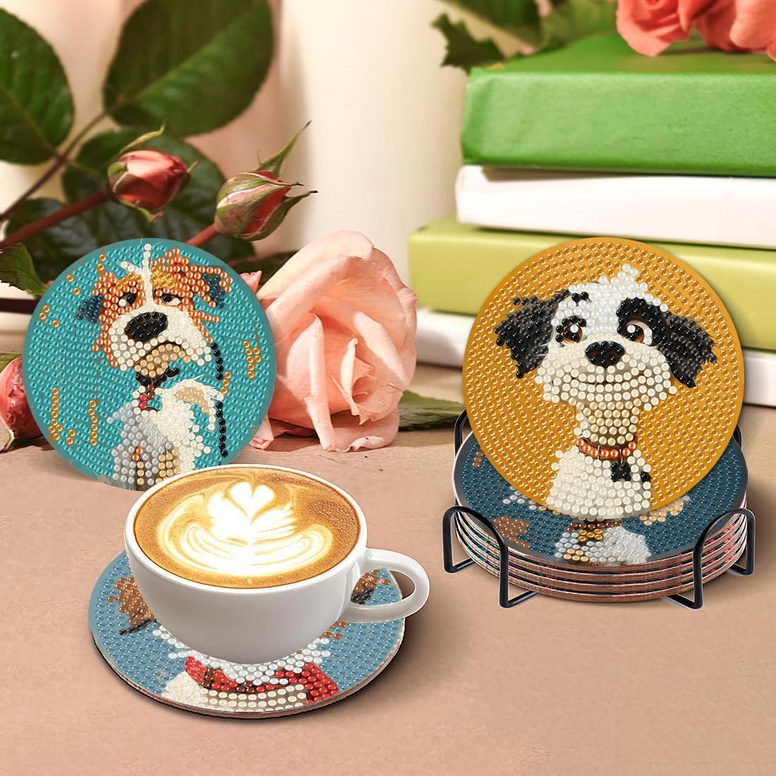 Cute Dog Diamond Art Painting Coasters Kit, 8 Pieces Puppy Diamond Art Coasters with Holder, DIY Dog Diamond Coasters for Beginners