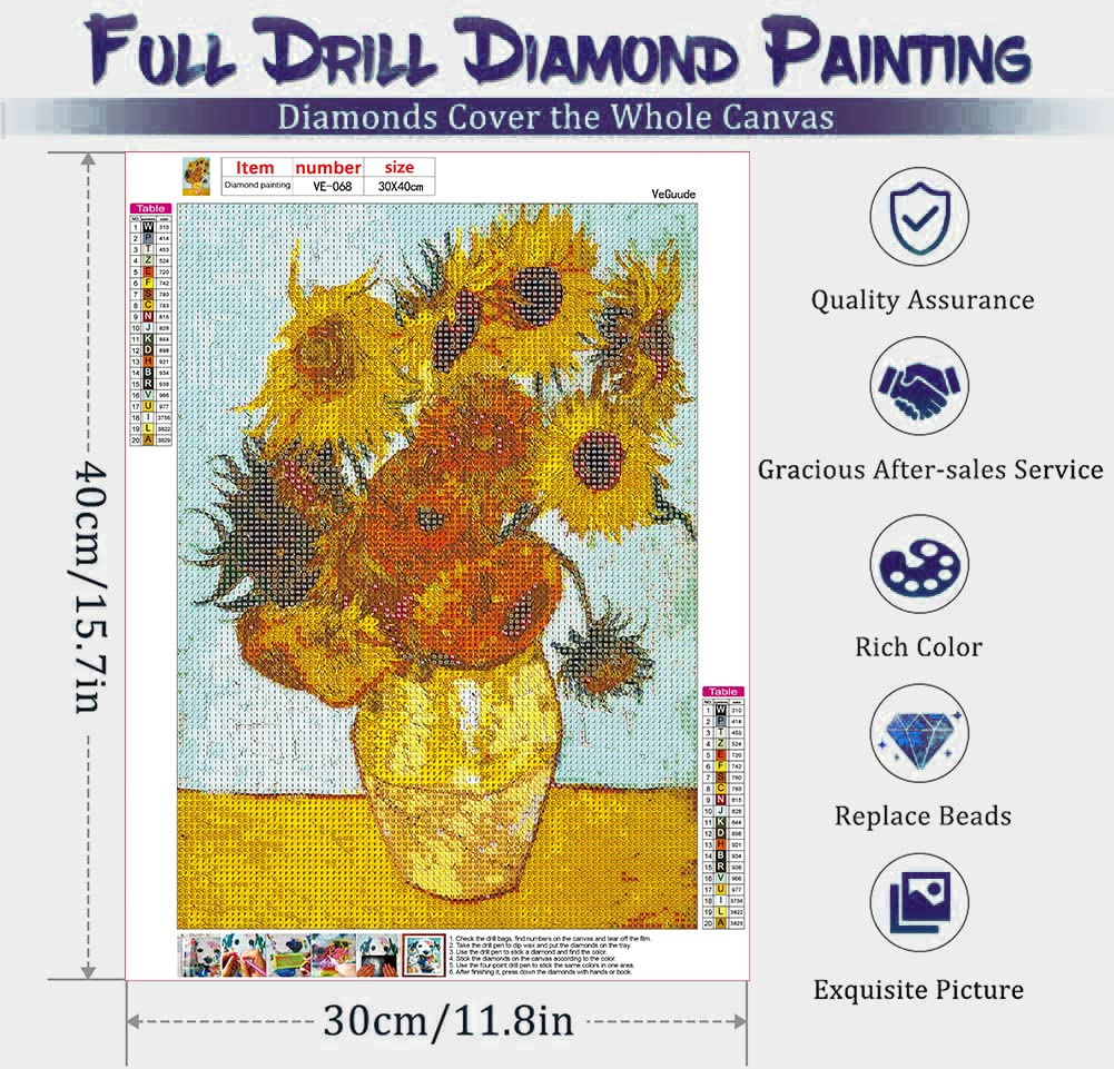 VeGuude Diamond Painting Kits for Adults, 4 Pack Van Gogh Starry Night Diamond Art Kits, 5D Full Drill DIY Crafts for Adults Home Wall Decor Sunflower Irises Café Terrace at Night [12x16in]