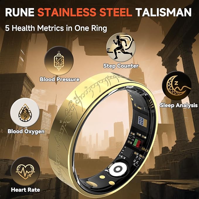 Ultra Smart Ring for Women Men,Health Fitness Tracker with Sleep/Blood Pressure/Oxygen Monitoring, Heart Rate & Activity Tracking,IP68 Waterproof, 5+Day Battery,No Subscription Fee 1-Gold 12