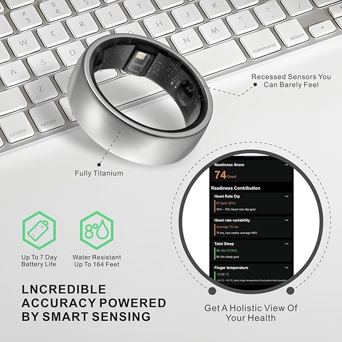 Smart Ring, Activity Trackers, Sleep Ring, Fitness Tracking, Stress Tracker, Heart Rate, Meditation, Temperature, Respiratory, No App Subscription, Women, Men, iOS, Android (Silver, 8)