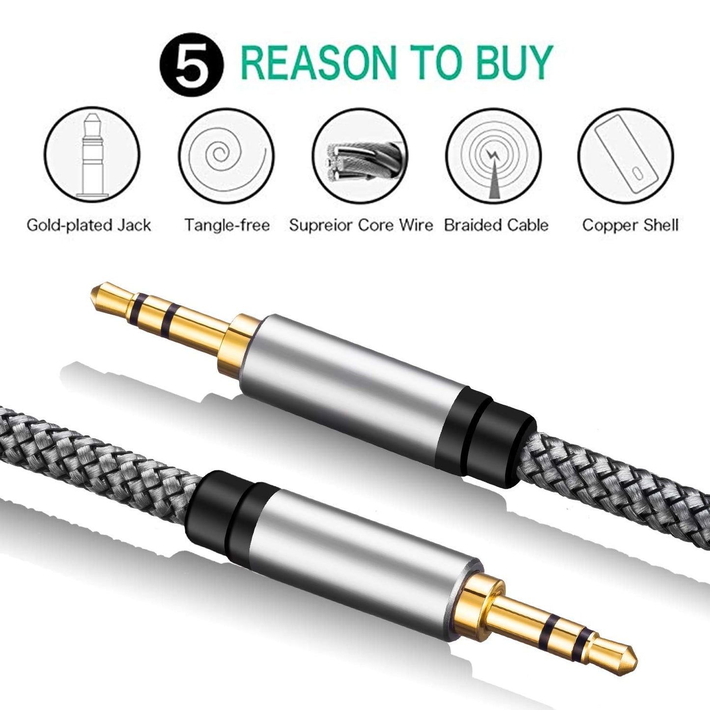 3.5mm 10Ft, (10Ft/3M, Tan QY Nylon Braided Aux Cable Audio Auxiliary Input Adapter Male to Male Cord for Headphones