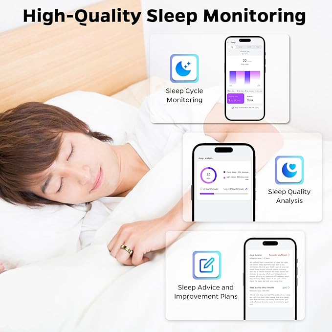 Ultra-Thin Smart Ring for Women Men,Sleep Tracker Ring with Heart Rate, Waterproof Fitness Ring for Activity Monitoring/Steps/Calories,No Subscription Fee,for iSO & Android (Glod,7#)