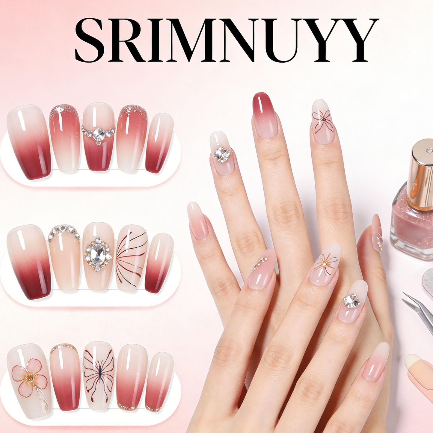 Women Press on Nails Square Short Nail Press ons Red Fake Nails Artificisl Manicure 24Pcs Light Pink Glue on Nails with Flower Lines Designs Glossy Acrylic Stick on Nails