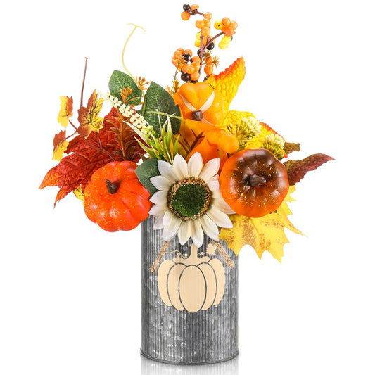 SiliFine Thanksgiving Fall Table Centerpiece Decoration Vintage Artificial Pumpkin Sunflower Stem Maple Berry Pick with Metal Pot for Autumn Rustic Harvest Farmhouse Home Dining Kitchen Decoration