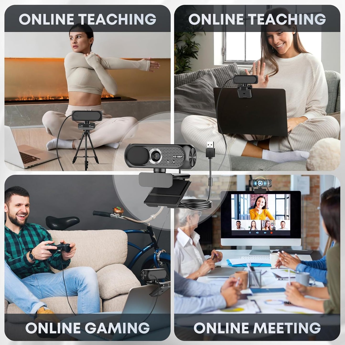 Shcngqio 1080P HD Webcam with Microphone, Noise Cancellation, Privacy Cover, Wide-Angle Lens, Auto Light Correction