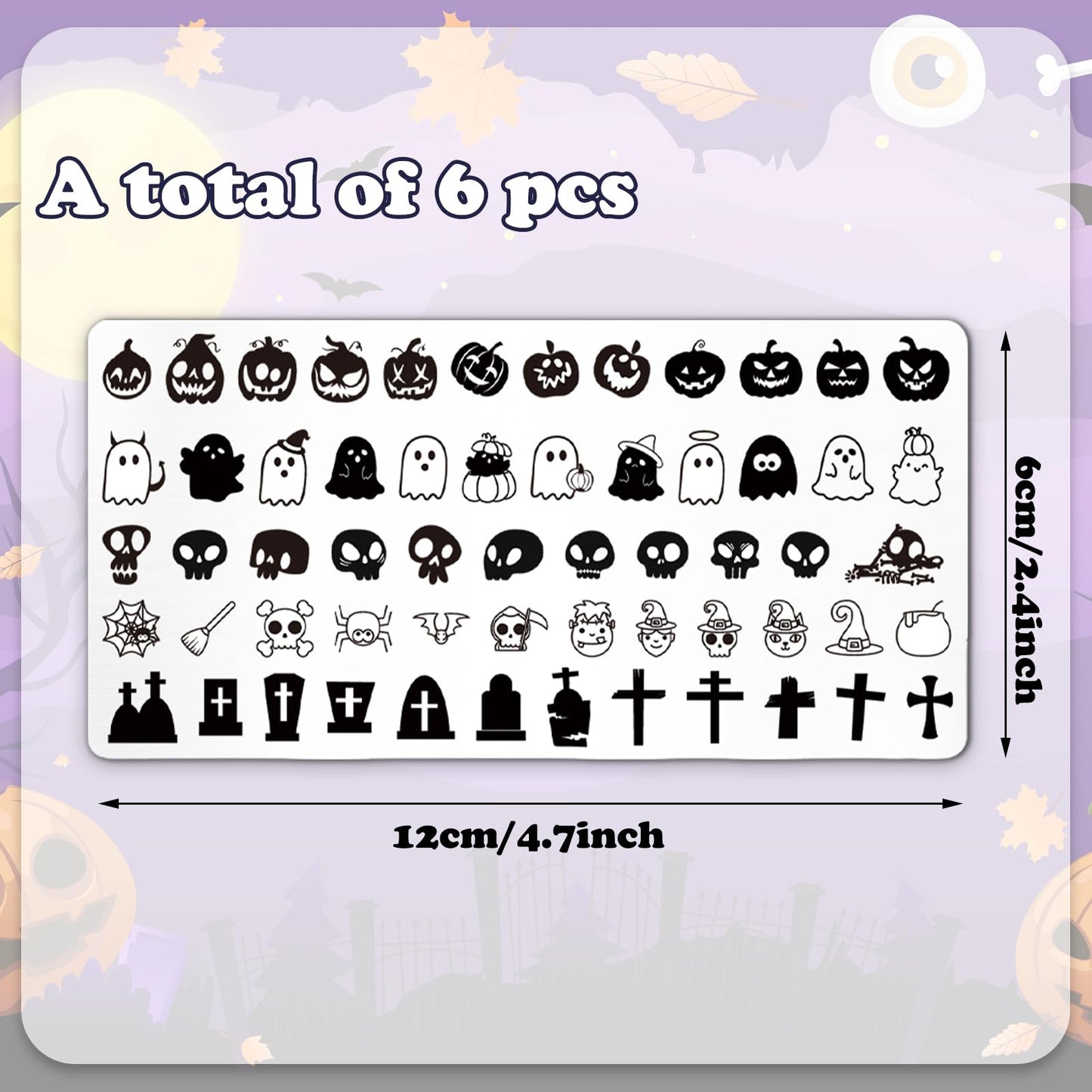 Whaline 6Pcs Halloween Nail Plates Stamping Set Pumpkin Ghost Skull Stamp Templates Nail Art Plates for DIY Print Manicure Salon Design Gift