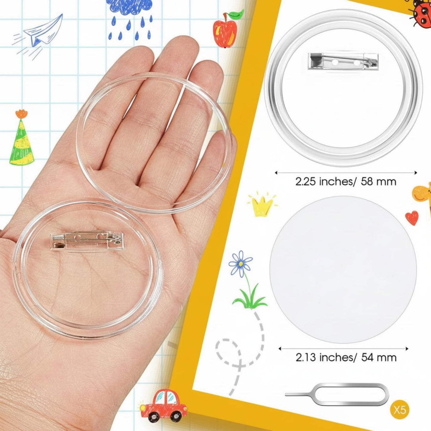XunYee 25set/80pcs Clear Button Pins Kit 3 Inch, DIY Button Maker Badges with Blank Inserts & Removal Tool, No Press Machine Needed, Craft Pins for Independence Day, Soccer Party Favors