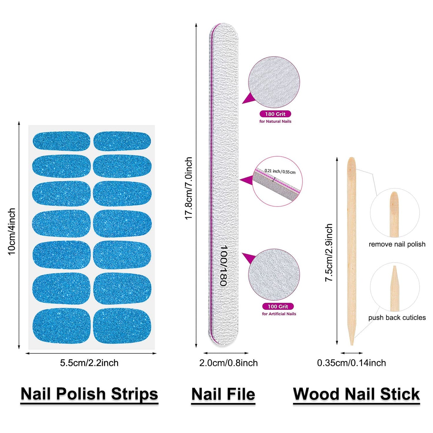 DANNEASY 24 Sheets Glitter Nail Polish Stickers Full Nail Wraps for Women Self Adhesive Nail Polish Strips Gel Nail Strips Stick on Nails Manicure Kit with Nail File, Cuticle Stick