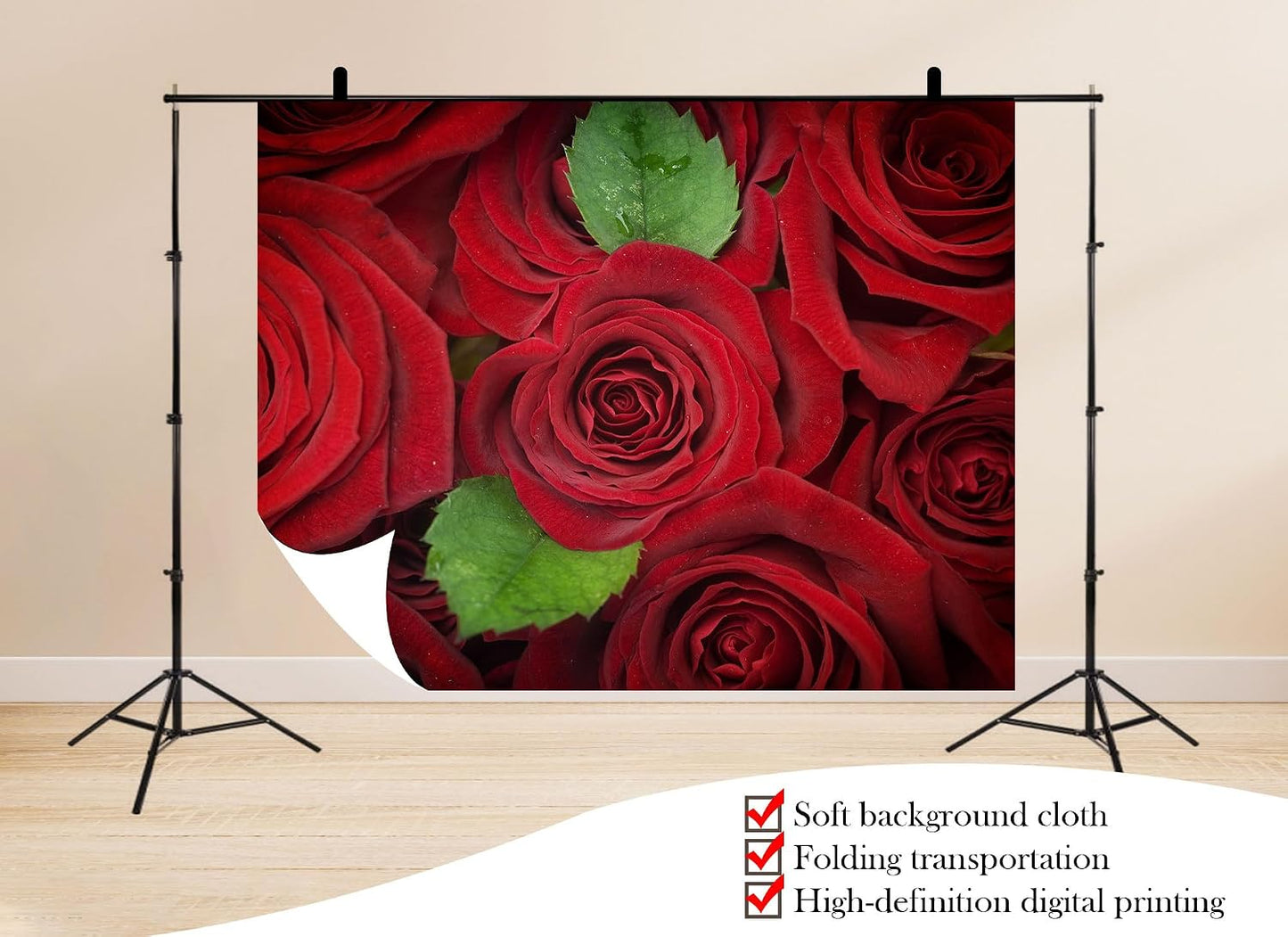 UPXIO 8x8ft Red Roses with Green Leaves Backdrop Romantic Floral Bouquet Photo Background Tapestry for Valentine's Day