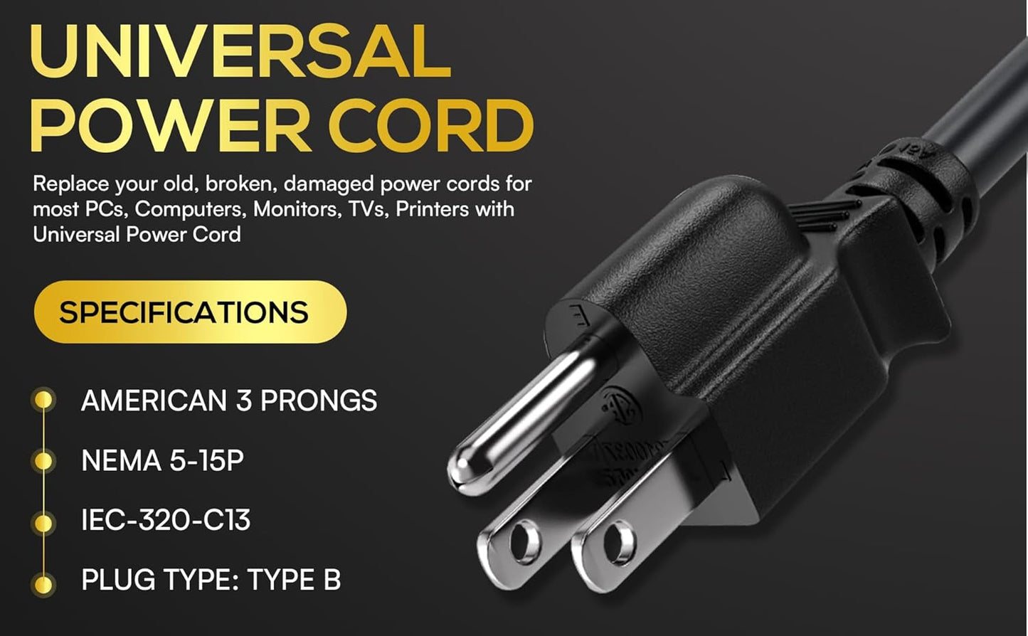 Cable Leader 10ft 18 IEC320 C13 5-15P, AWG Universal Power Cord to NEMA Extension Power Cord, Compatible