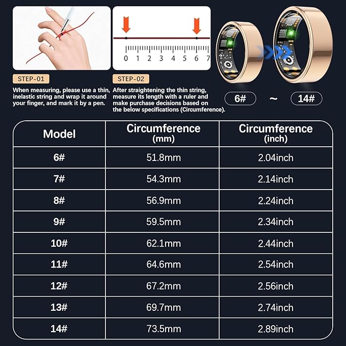 Ring Health Tracker for Women Men, Fit Ring with Heart Rate, Blood Oxygen, Sleep Monitor, Calories, Step Counter, IP68 Waterproof Smart Ring for iPhone & Android, No Subscription Fee (Rose Gold, 7#)