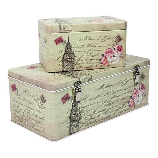 DreamsEden Tin Metal Keepsake Boxes, Vintage Decorative Storage Box with Lid for Keepsakes Memory Seed Tea Container, Set of 2