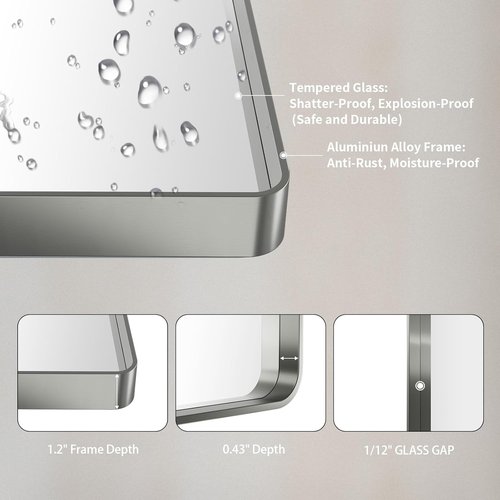 LOAAO Brushed Nickel Bathroom Mirror - 48x36 Inch Rounded Rectangle Design | Anti-Rust, Shatter-Proof, Versatile Hanging Options