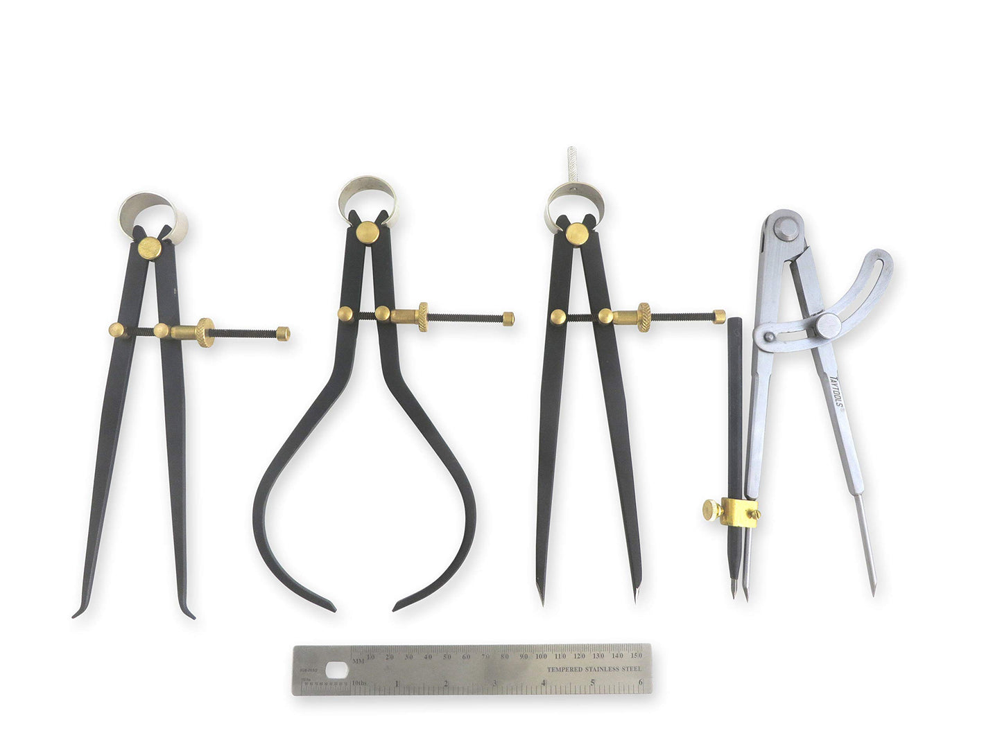 Taytools 776636 Deluxe 5 Piece Measuring Set/Kit with 8-inch Spring Dividers, Inside & Outside Calipers, Pocket Rule and Firm Joint Dividers/Compass with Carbide Scriber