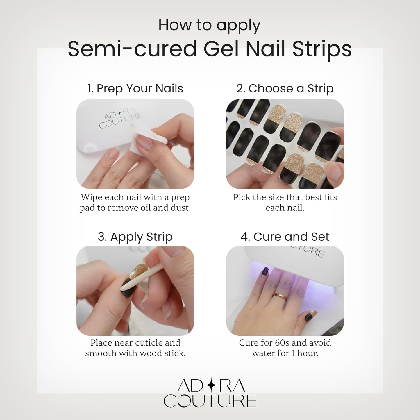 Adora Couture Semi Cured Gel Nail Strips with 20 Pieces - UV Gel Stickers, Manicure Kit, Easy Application Wraps Includes Prep Pads, Nail File, Wooden Stick - UV Light Required (Midnight Lace)