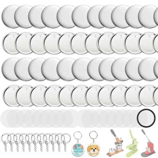 Button Maker Keychains Supplies, 200 Pcs 58mm Pin Maker Set, Metal Button Maker Supplies with Metal Shell Cover, Transparent Film & Chain Head