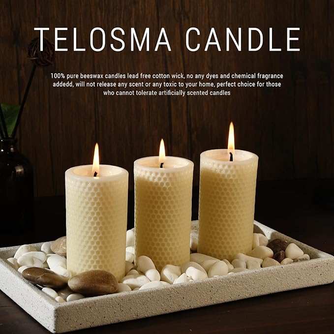 Pure Natural Beeswax Pillar Candles - Pack of 3 - Honeycomb Surface, No Scent- for Emergency/Prayer/Relax (2inch Diameter, 4 inch Tall - Off White)
