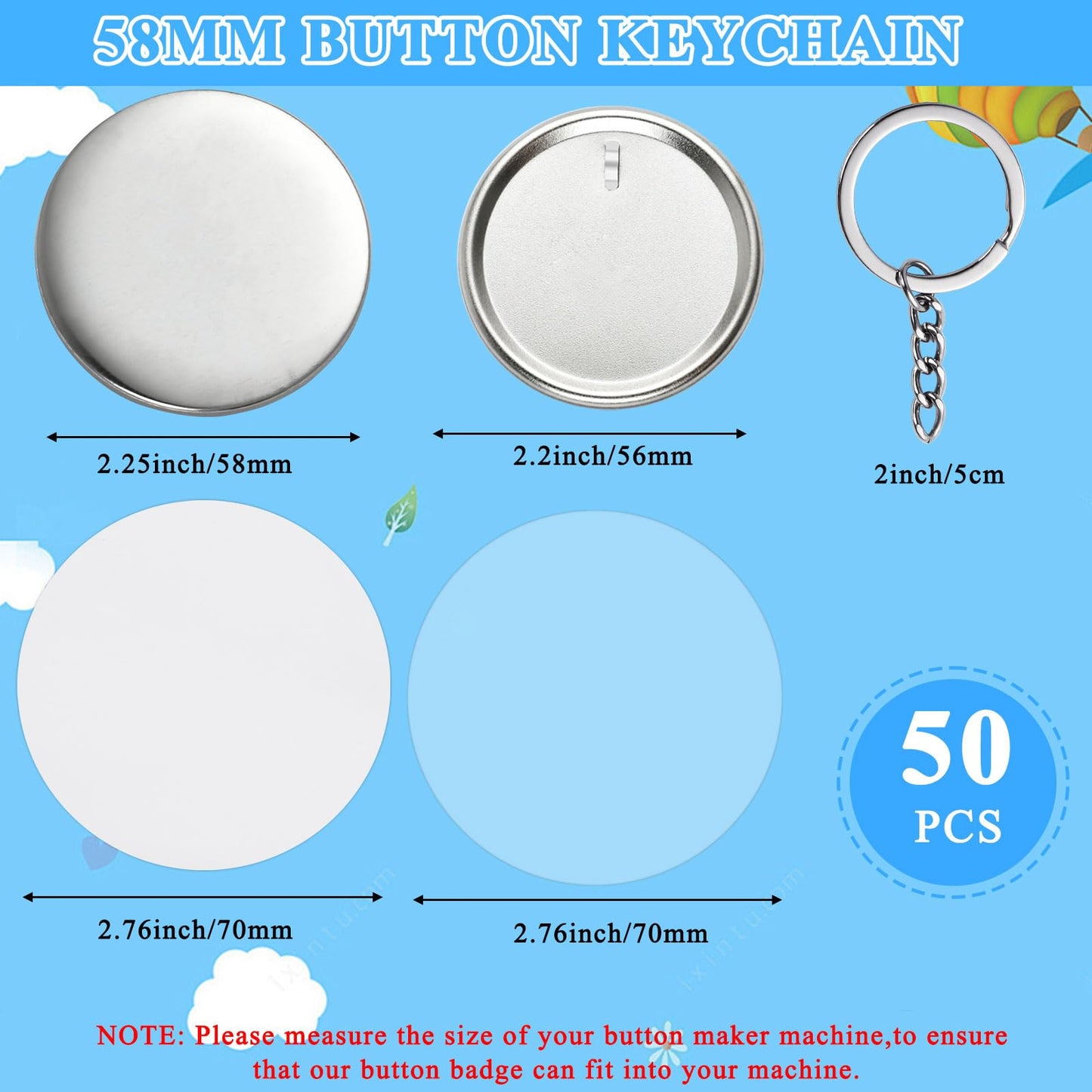 Milkary 250Pcs Button Maker Keychain Supplies, 50 Sets 58mm Metal Keychain Making Supplies for Button Maker Machine, Badge Sets with Metal Shell Back Cover Transparent Film Blank Paper Chain