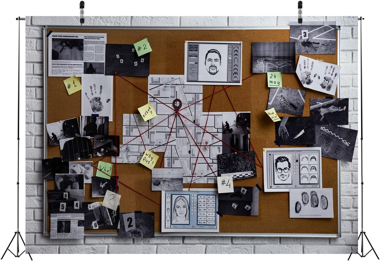 BELECO 10x6.5ft Fabric Spy Theme Detective Photography Backdrop Detective Board with Crime Scene Photos Fingerprint