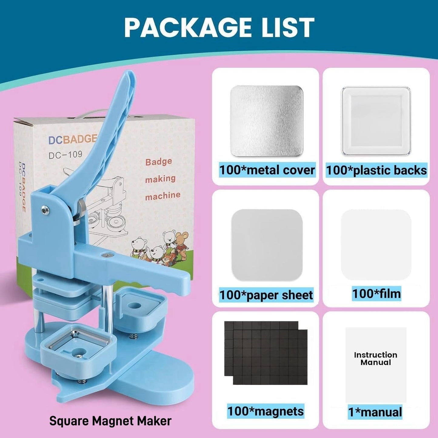 Square Magnet Button Maker Kit - Holographic Film 2'' x 2'' Button Press Machine with 100 Set Fridge Magnet Making Supplies(Metal Cover, Film, Back Inserts), for Craft, Home, Small Business