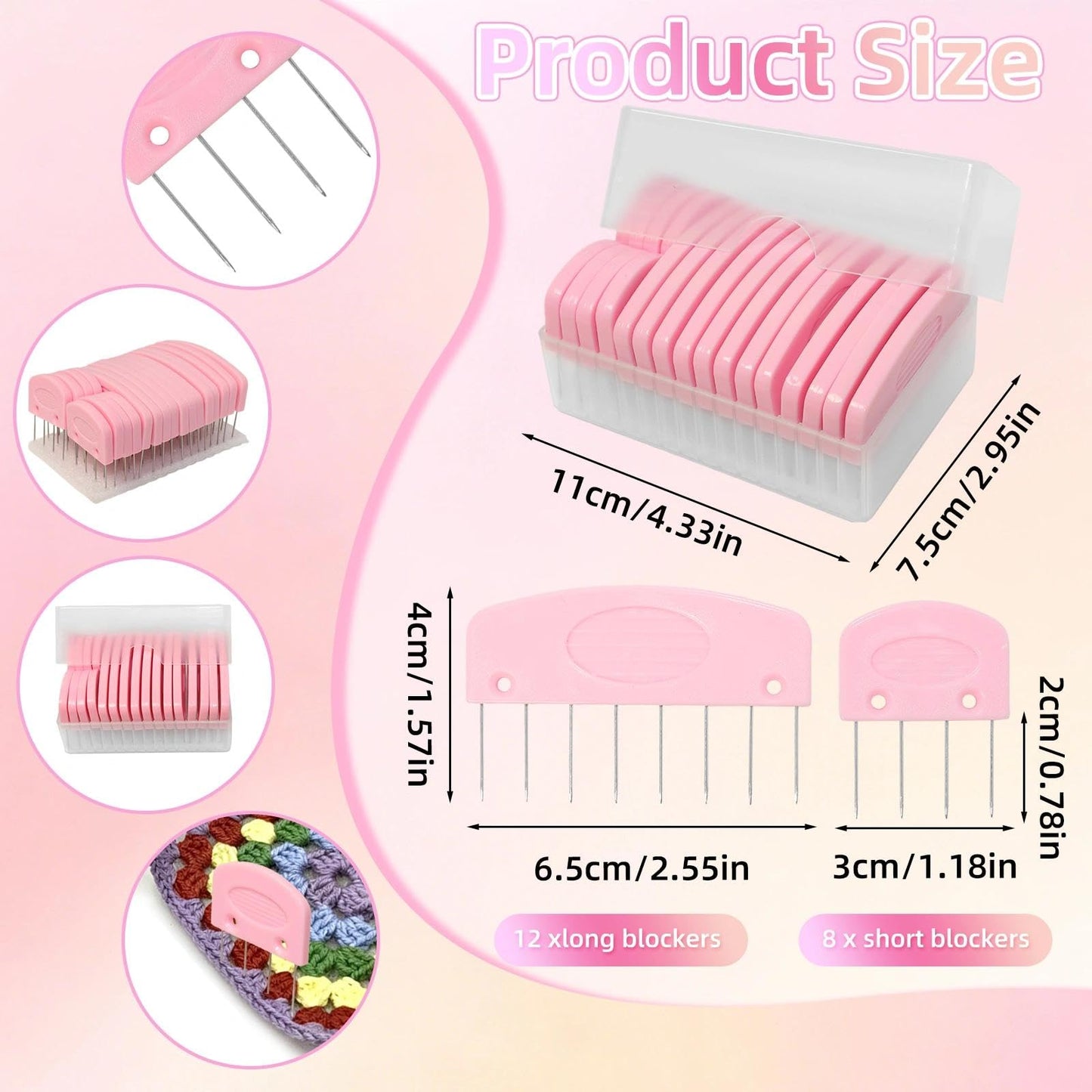 Hollima 20 Pcs Blocking Pins for Knitting, Pink Knit Blocking Combs Kit for Block Knitting Mats Crochet Projects Lace Needlework Sewing Tool Device
