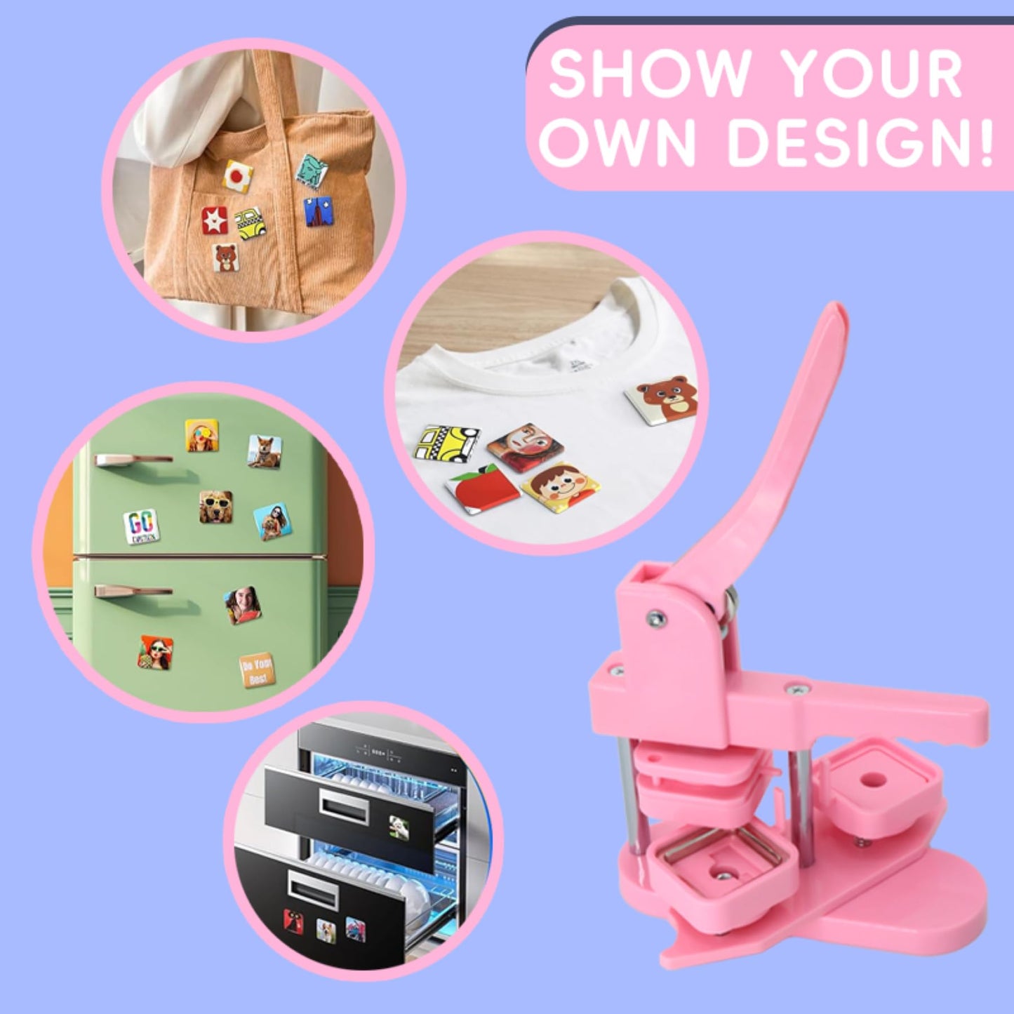 DCBADGE Square Button Maker Machine,Square Magnet Maker Machine of 50mm/1.97 inch,Fridge Button Press Machine Kit with 50 Sets of Refrigerator Magnet Supplies&50 Sets of Pin Button Parts.