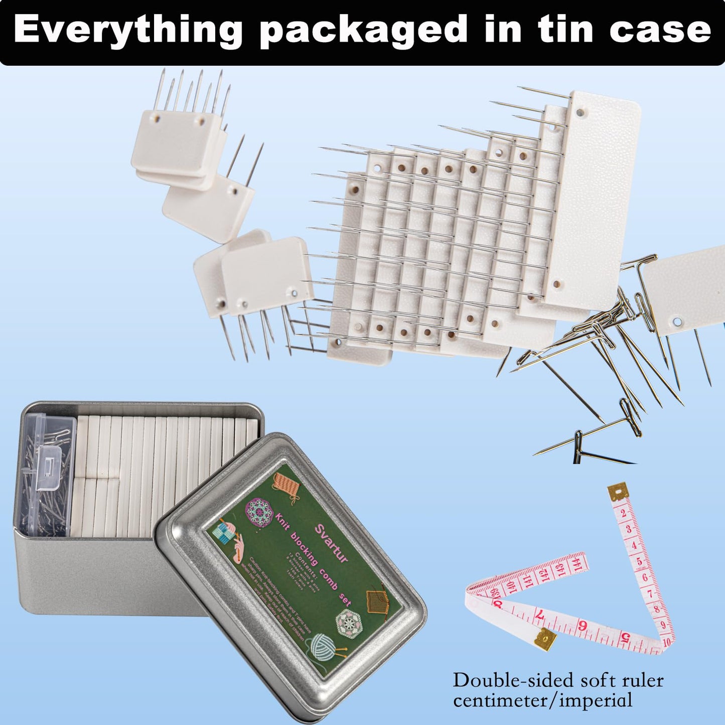 Svartur Knit Blocking Pins Kit, Includes 20 Knit Blocking Combs, 100 T-pins for Blocking Knitting Crochet, Needlework Projects, Knitting Block Tool for Blocking Mats, White