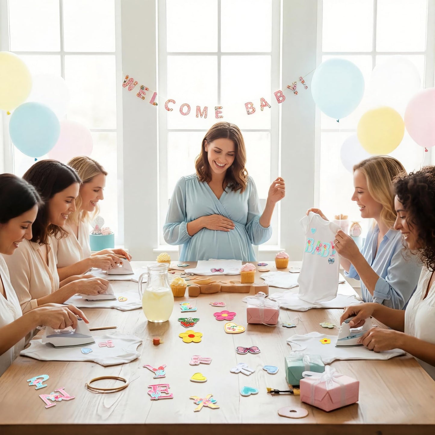 80 Pcs Baby Shower DIY Bodysuit Bibs Set Spring Iron on Transfers Cute Strawberry Bow Patches Baby Shower Decorating Kit 9 Cotton Bodysuits 9 Bibs 62 Iron on Embroidered Patches for Party Games