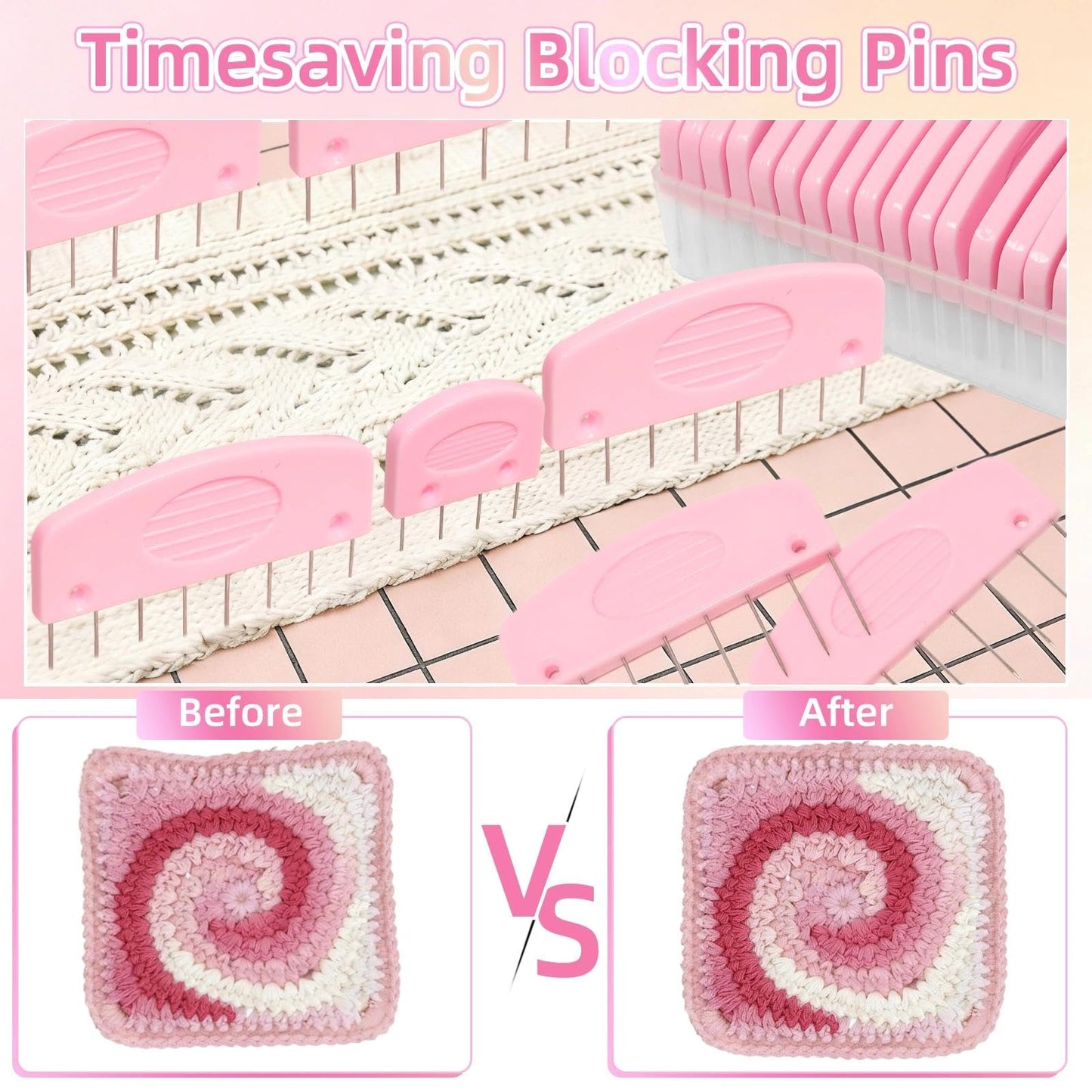 Hollima 20 Pcs Blocking Pins for Knitting, Pink Knit Blocking Combs Kit for Block Knitting Mats Crochet Projects Lace Needlework Sewing Tool Device